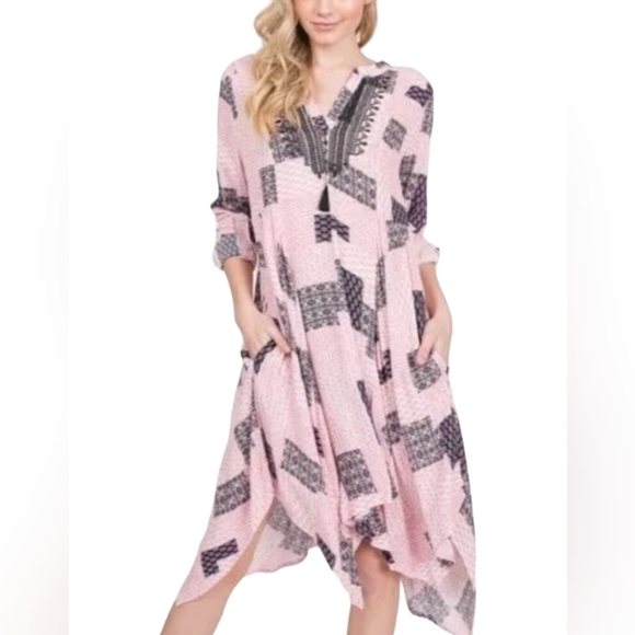 Boutique Patchwork Asymmetrical Midi Dress Pink Bohemian Print Gauze V-Neck - Picture 3 of 6